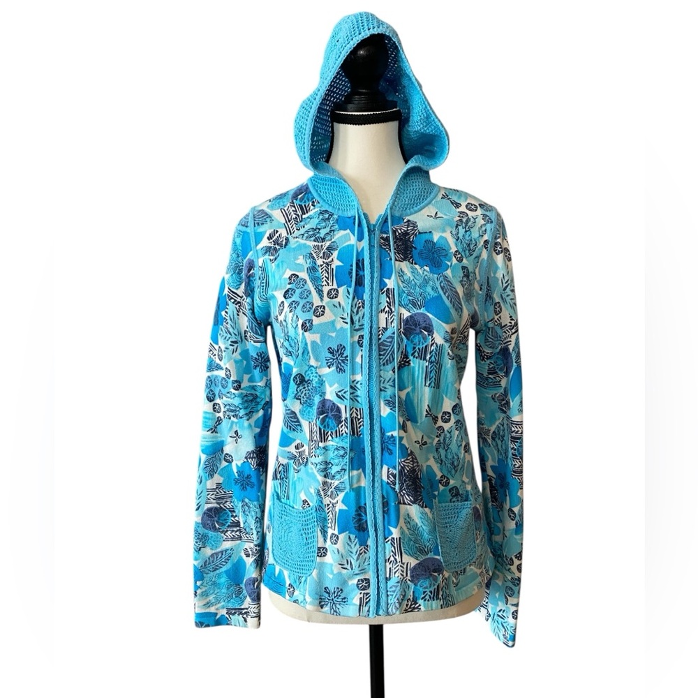 Sigrid Olsen 85% Cotton Light Blue Floral Hoodie crochet hood & pockets Medium P